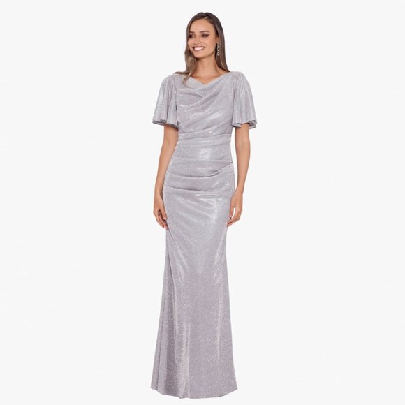 Glitter Galaxy Flutter Sleeve Gown by Betsy & Adam size 8, silver  NEW WITH TAGS - Picture 1 of 3